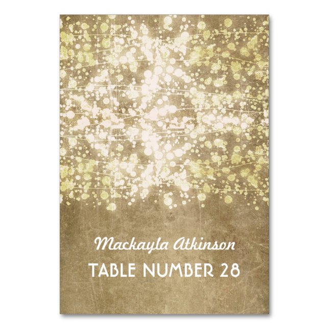 wedding escort cards string lights gold glitter (Front)