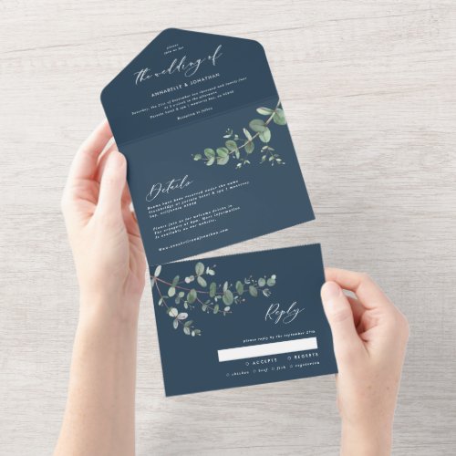 Wedding Eucalyptus botanical blue invite  rsvp