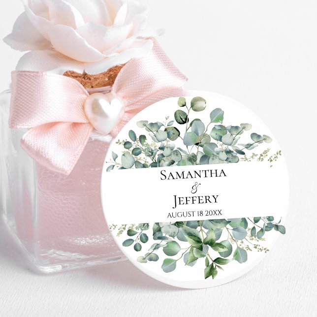 Wedding  Eucalyptus Bride Groom Favor Custom  Classic Round Sticker (Creator Uploaded)