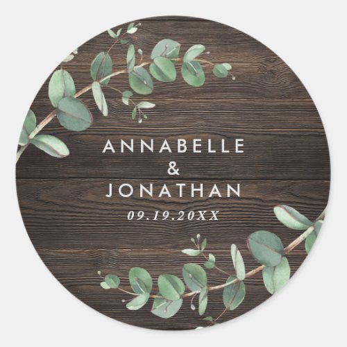 Wedding eucalyptus dark wood elegant modern script classic round sticker