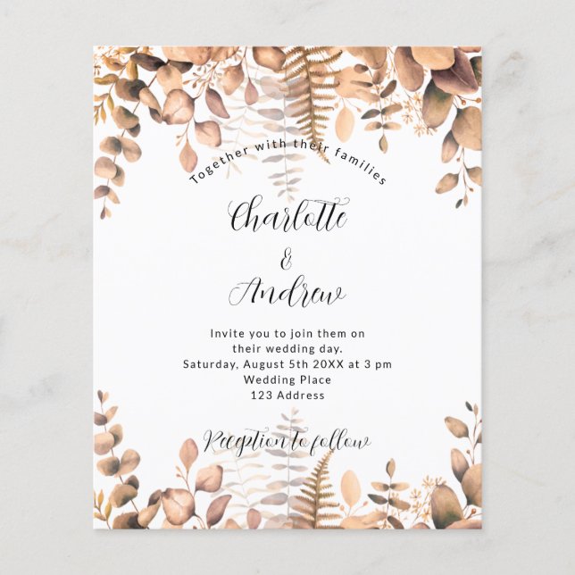 Wedding eucalyptus fall woodland budget invitation flyer (Front)
