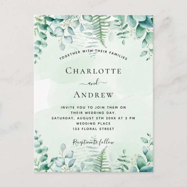 Wedding eucalyptus ferns woodland invitation postcard (Front)