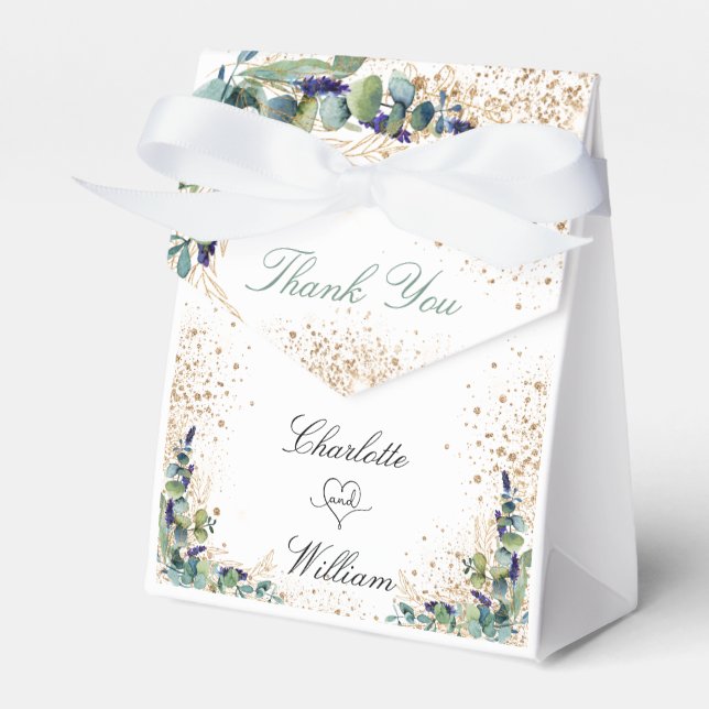 Wedding eucalyptus glitter name thank you  favor boxes (Front Side)