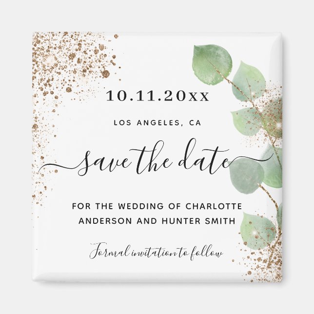 Wedding eucalyptus gold glitter save the date magnet (Front)