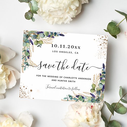 Wedding eucalyptus gold save the date budget flyer