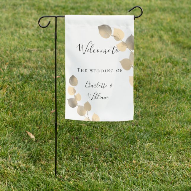 Wedding eucalyptus golden elegant welcome garden flag (In SItu)