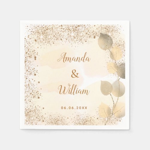 Wedding eucalyptus golden glitter monogram napkins