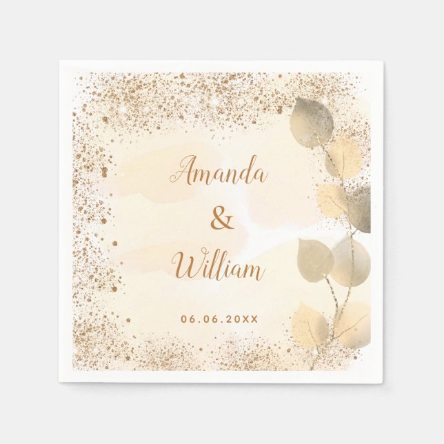 Wedding eucalyptus golden glitter monogram napkins (Front)