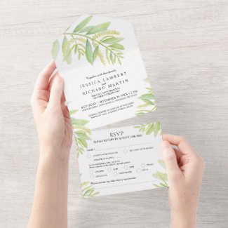 Wedding eucalyptus green watercolor meal RSVP All In One Invitation