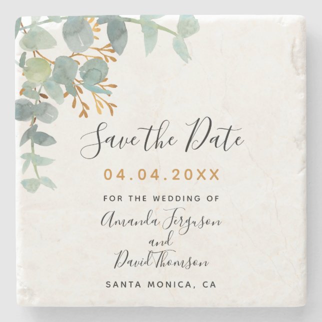 Wedding eucalyptus greenery custom Save the Date  Stone Coaster (Front)