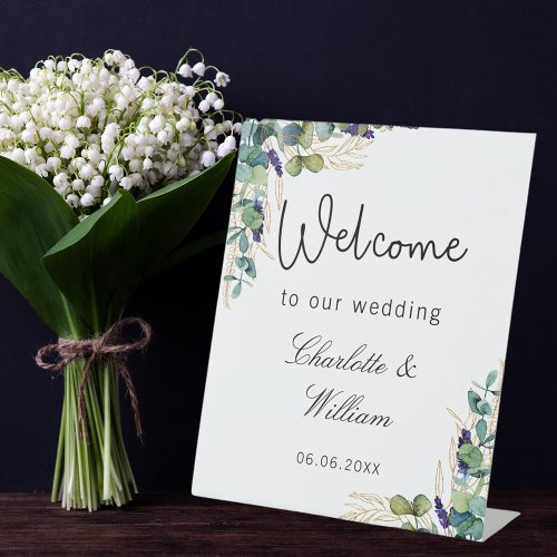 Wedding eucalyptus greenery elegant welcome  pedestal sign