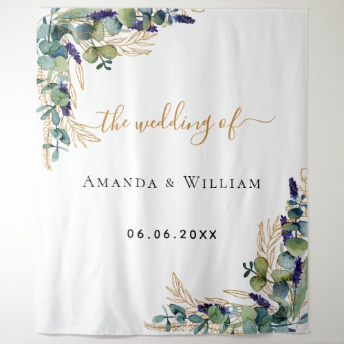 Wedding eucalyptus greenery gold monogram tapestry