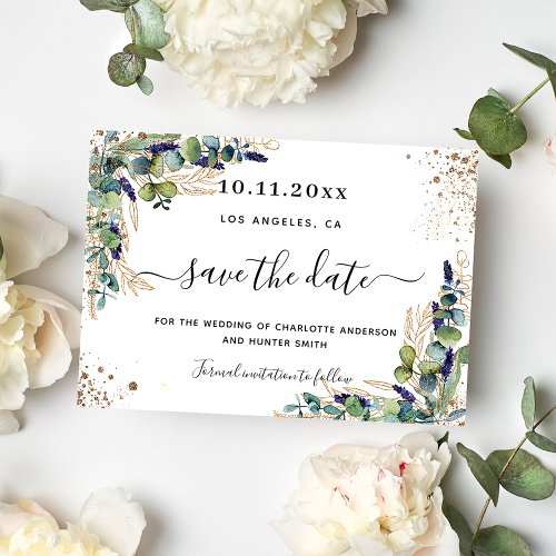 Wedding eucalyptus greenery gold white foliage save the date