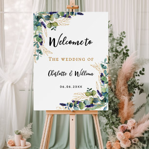 Wedding eucalyptus greenery lavender welcome sign