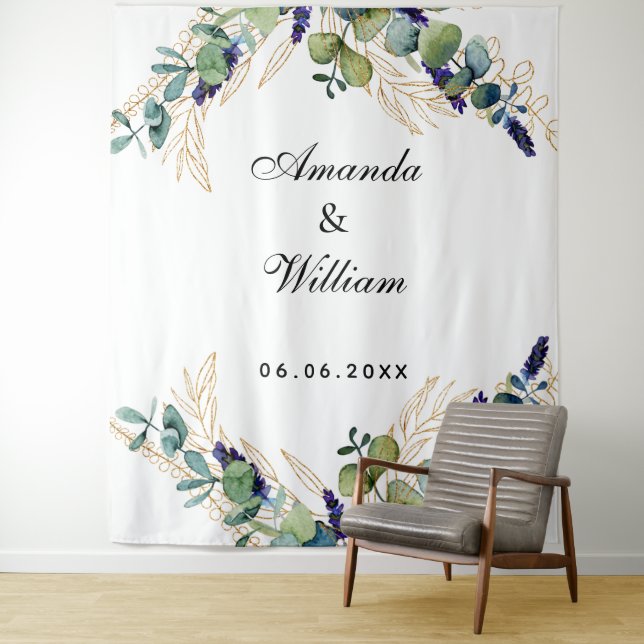 Wedding eucalyptus greenery monogram tapestry (In Situ)