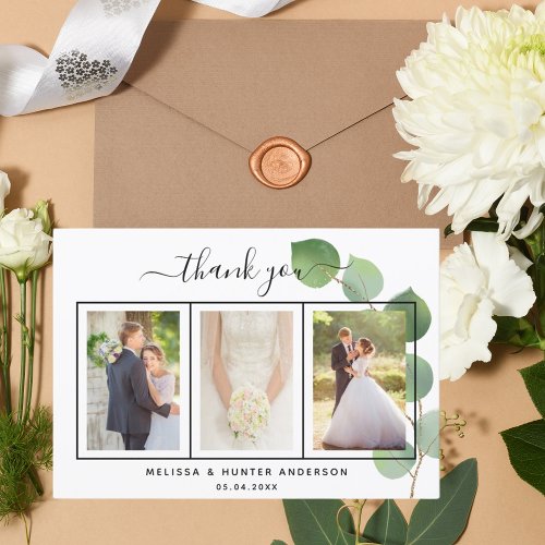 Wedding eucalyptus greenery photo script elegant thank you card