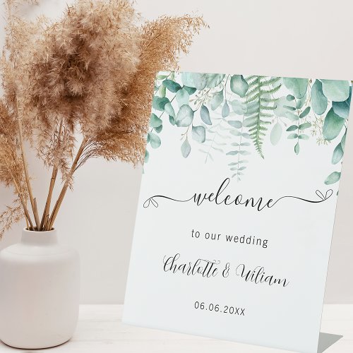 Wedding eucalyptus greenery script welcome pedestal sign