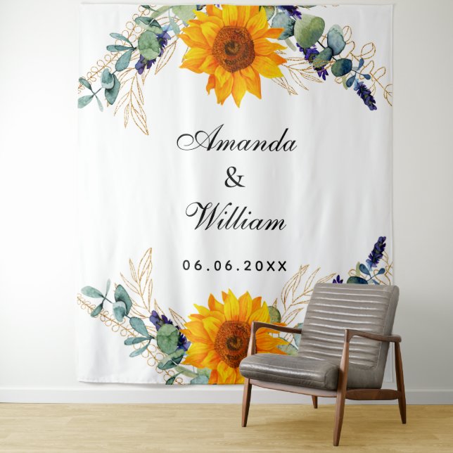 Wedding eucalyptus greenery sunflower monogram  tapestry (In Situ)