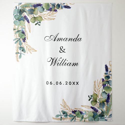 Wedding eucalyptus greenery white names tapestry