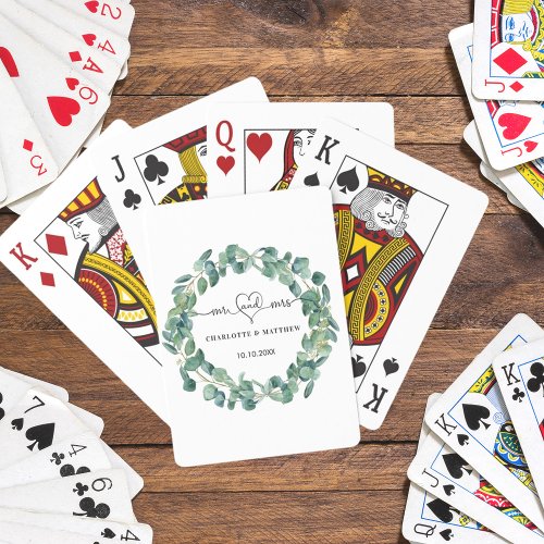 Wedding eucalyptus mr mrs heart names playing cards