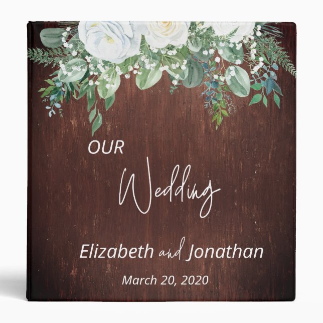 Wedding Eucalyptus White Flower Wood rustic 3 Ring Binder (Front)