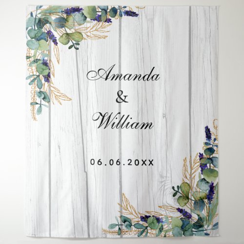 Wedding eucalyptus withe wood rustic names tapestry