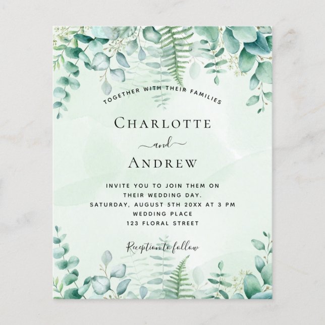 Wedding eucalyptus woodland budget invitation flyer (Front)