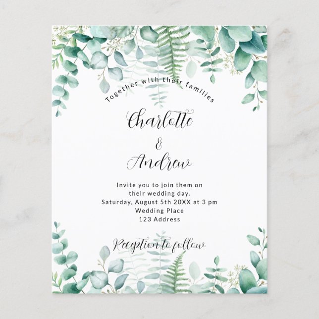 Wedding eucalyptus woodland budget invitation flyer (Front)