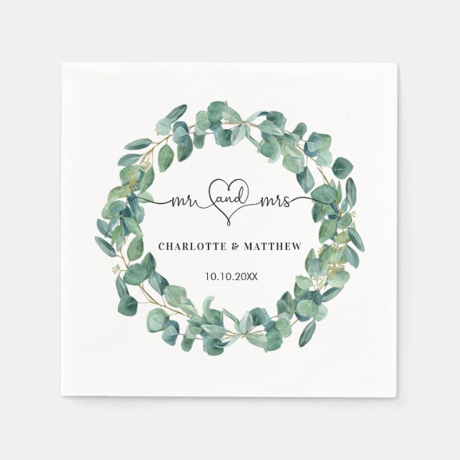 Wedding eucalyptus wreath mr mrs heart names napkins (Front)