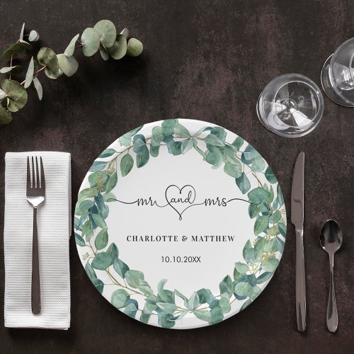 Wedding eucalyptus wreath mr mrs heart names paper plates