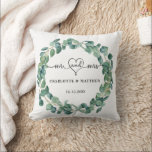 Wedding eucalyptus wreath mr mrs heart names throw pillow<br><div class="desc">White background,  black text. Decorated with a green eucalyptus wreath. Mr and Mrs with a heart.  Personalize and add your names and the date.</div>
