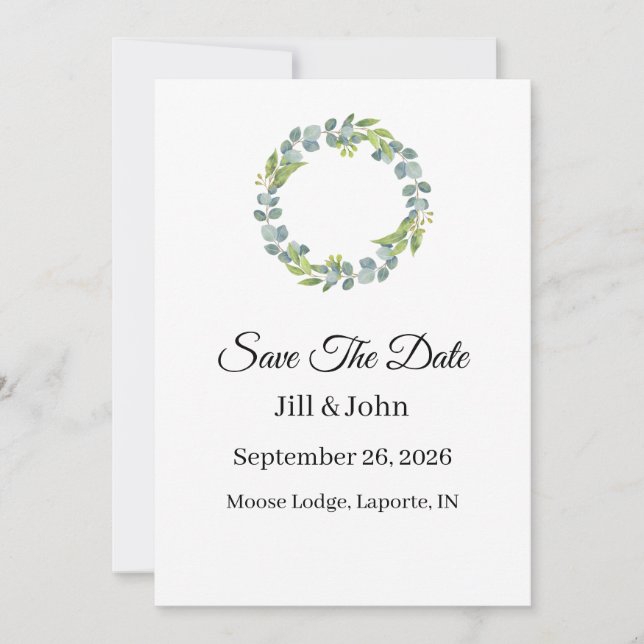 Wedding Eucalyptus Wreath Vertical  Save the Date  (Front)