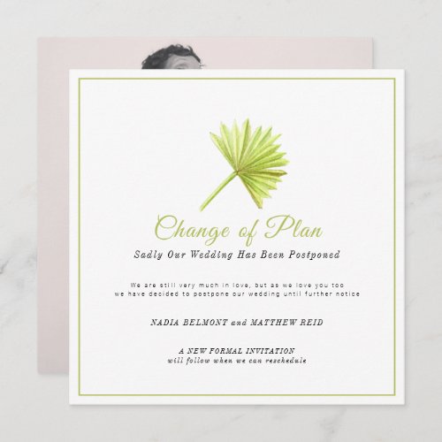 Wedding event change of plan postponed palm leaf save the date