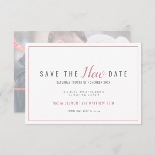 Wedding event change save the new date dusky rose save the date