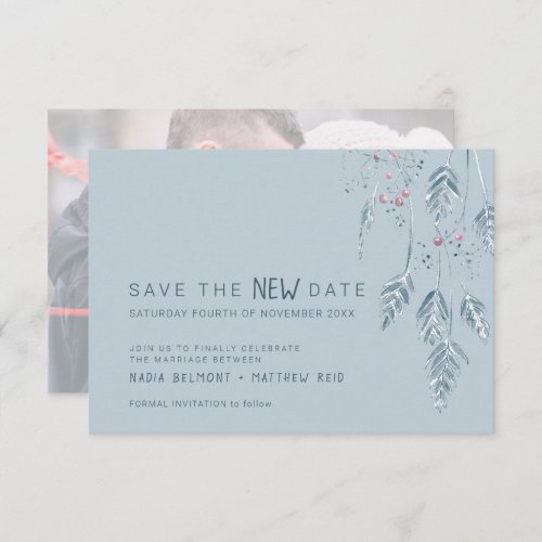 Wedding event change save the new date dusty blue save the date