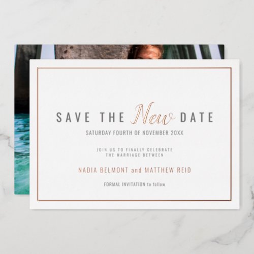 Wedding event change save the new date rose gold foil invitation