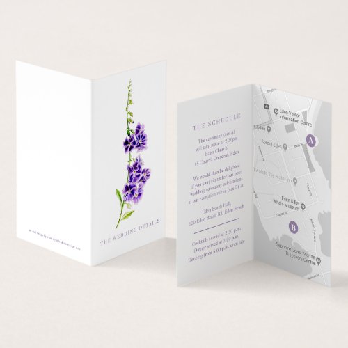 Wedding event details purple flower schedule map