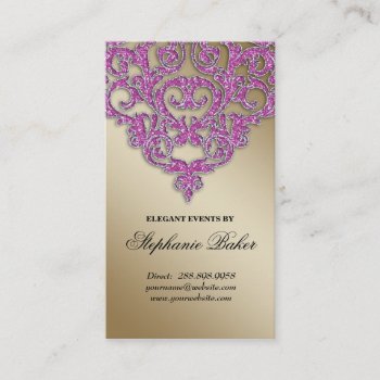 Wedding Event Planner Damask Gold Sparkle Pink V Business Card by WeddingShop88 at Zazzle
