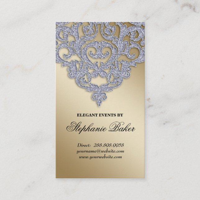 Wedding Event Planner Damask Silver Sparkle Gold Business Card (Front)