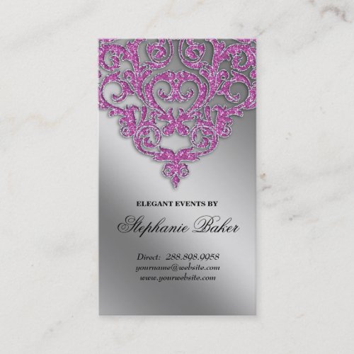 Wedding Event Planner Damask Silver Sparkle Pink V Business Card Template