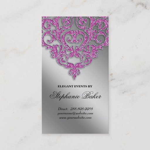 Customizable Wedding Event Planner Damask Silver Sparkle Pink V Business Card Template