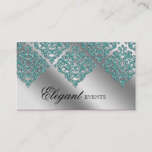 Wedding Event Planner Damask Sparkle Silver Teal Business Card Template