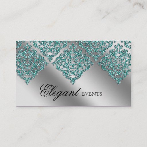 Customizable Wedding Event Planner Damask Sparkle Silver Teal Business Card Template