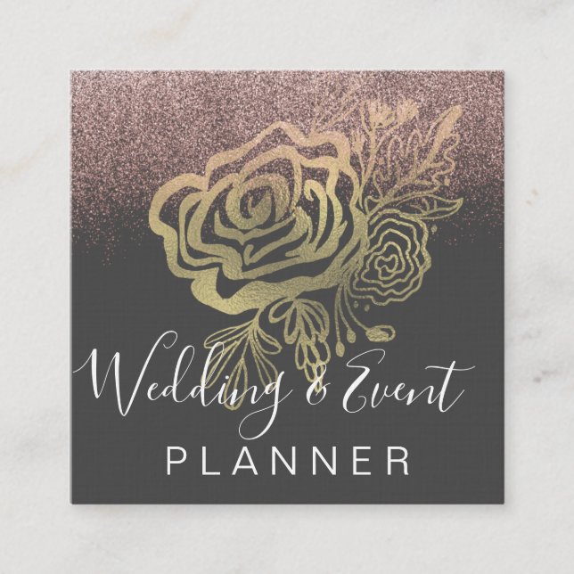 Wedding & Event Planner Faux Gold Rose and Pink Square Business Card (Front)