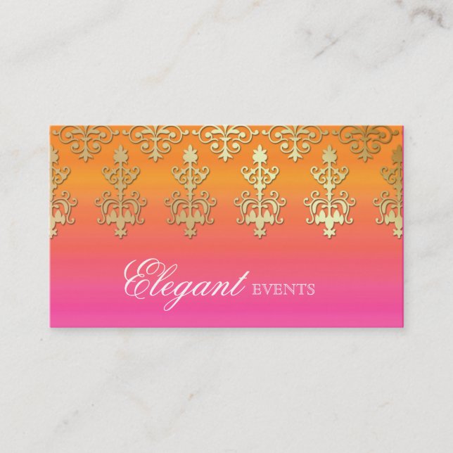 Wedding Event Planner Indian Damask Pink Orange Business Card (Front)