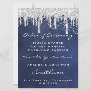 Wedding Event Program Blue Navy Silver Gray Drips
