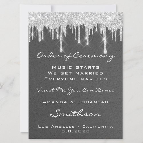 Wedding Event Program Gray Silver Drips Glitter