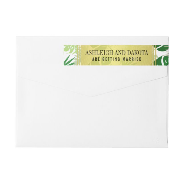 Wedding | Exotic Green Tropical Leaves Wrap Around Label (Back)