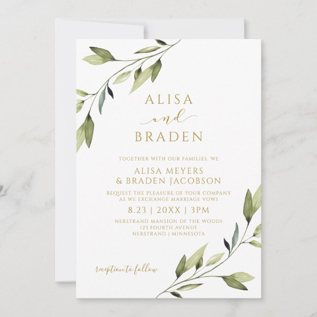 Wedding Fairytale Greenery Gold Watercolor Vines Invitation (Front)