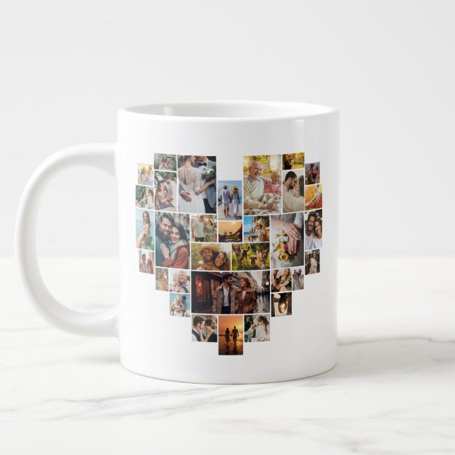 Wedding Family Anniversary Heart Photo Collage Giant Coffee Mug (Left)